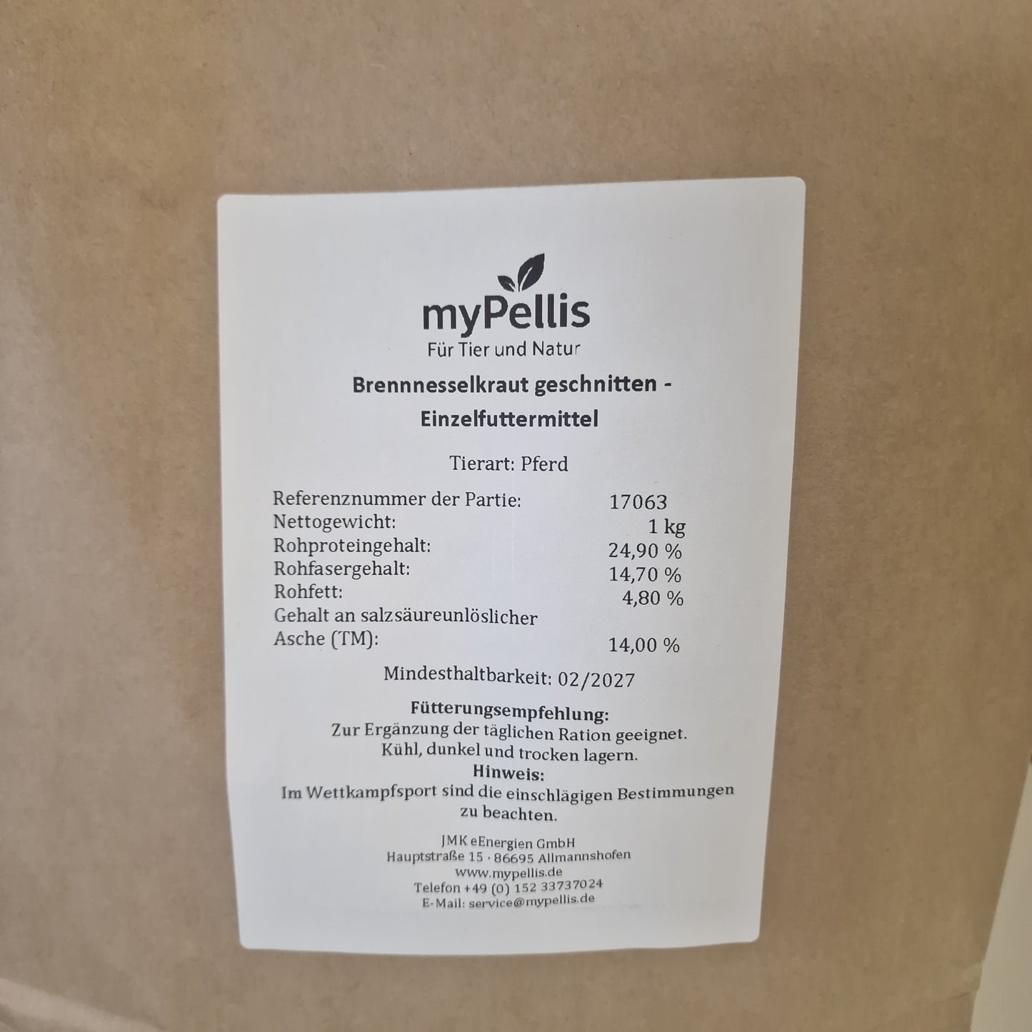 Produktetikett myPellis Brennnesselkraut geschnitten Einzelfuttermittel für Pferde und Pflanzenfresser
