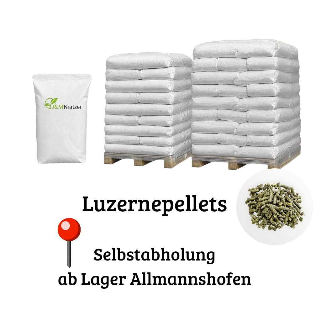 MyPellis Luzernepellets – Sackware auf Palette mit Sichtfenster, eiweißreiches Naturfutter für Pferde, Selbstabholung ab Lager Allmannshofen.