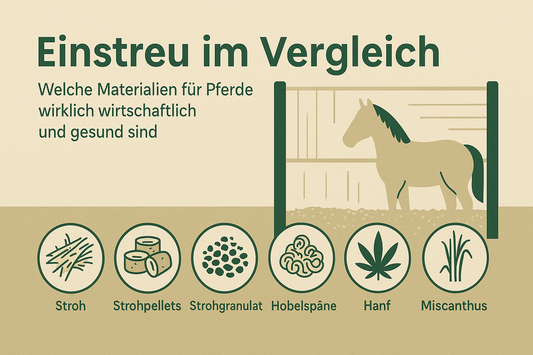 Vergleich von Einstreuarten für Pferde mit Stroh Strohpellets Strohgranulat Hobelspänen Hanf und Miscanthus in Grün und Naturbeige im myPellis Stil
