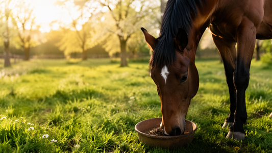Gesundes Pferd frisst Luzernepellets auf einer frischen Frühlingsweide – natürliche Unterstützung für Fellwechsel, Verdauung und Muskelaufbau im Frühjahr.