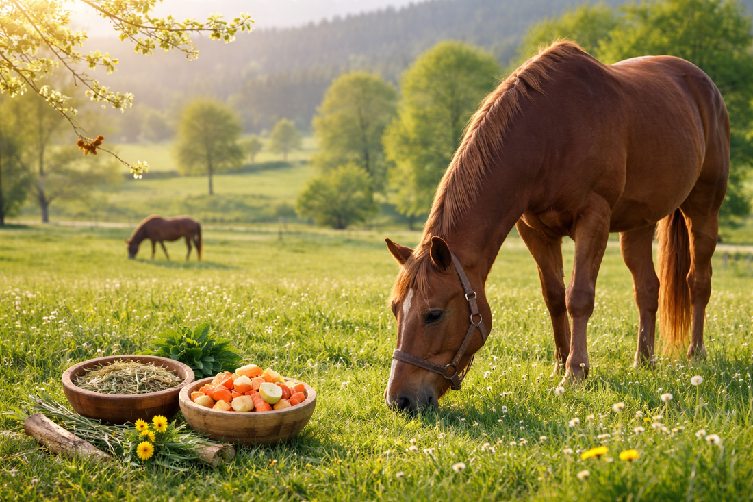 Pferd beim Anweiden im Frühjahr auf grüner Weide mit natürlichen Ergänzungen wie Kräutern und Apfelstücken