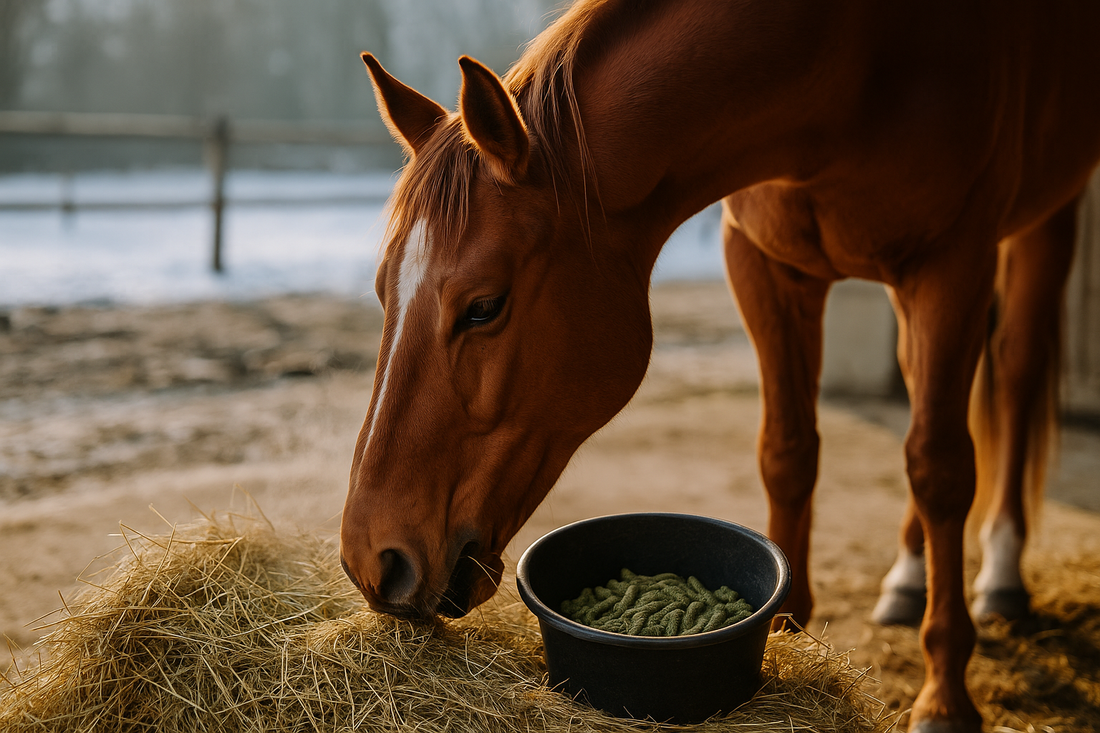 Pferd frisst Heu im Winterstall, sichtbarer Atemdampf, gesunde Winterfütterung mit Raufutter und Einzelfuttermitteln wie Grascobs, Luzernepellets und Maiscobs von myPellis.