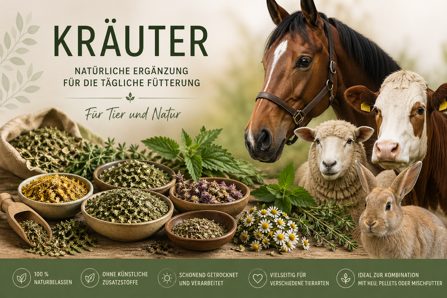 Naturbelassene Kräuter für Tiere von myPellis – Ergänzungsfuttermittel für Pferde, Nutztiere und Kleintiere