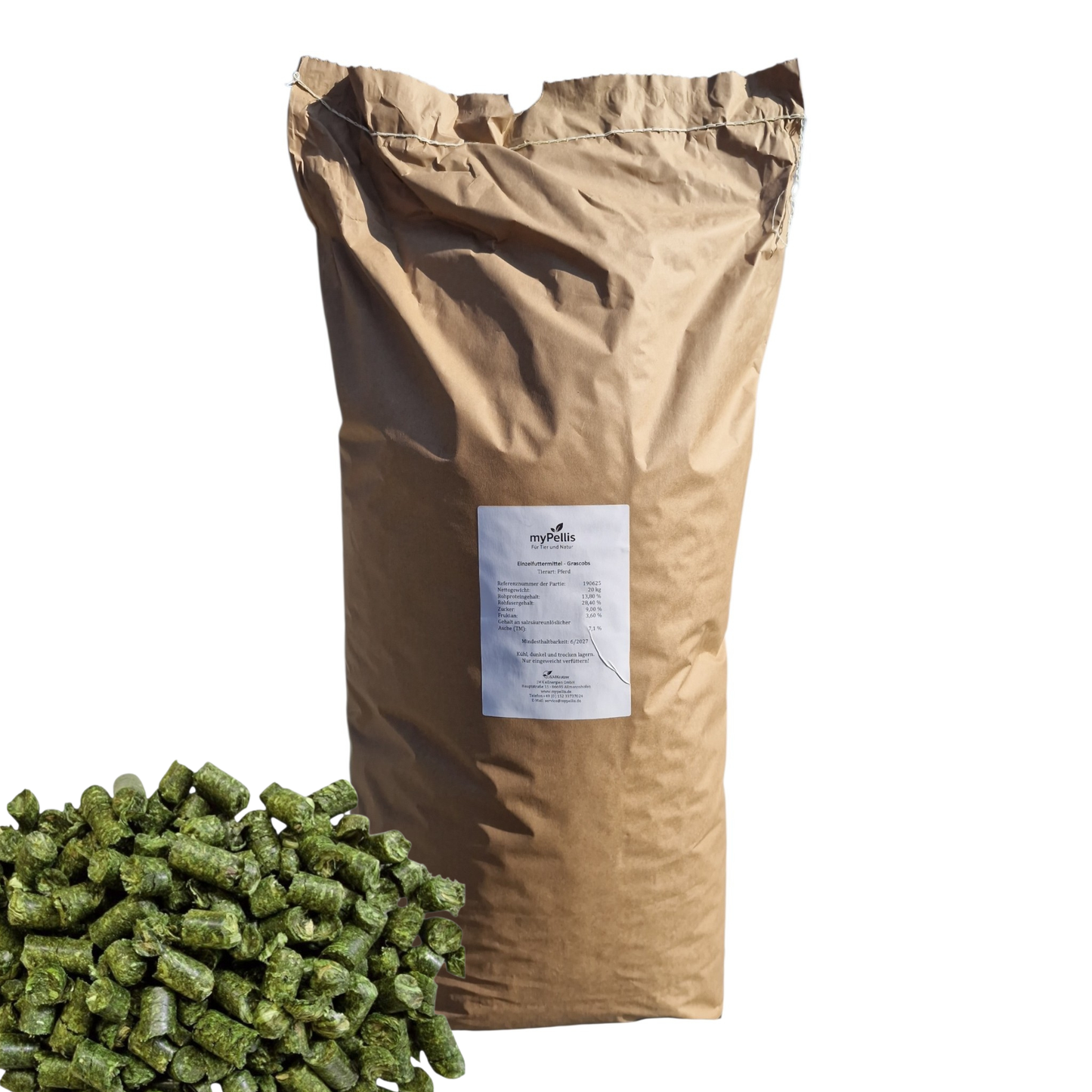 Ein Sack Grascobs mit Etikett und myPellis Logo für Pferde