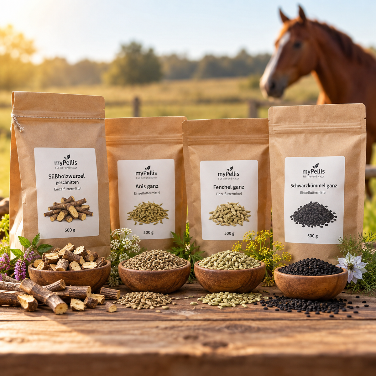 Vier von myPellis Pflanzenvielfalt mit Anis, Fenchel, Schwarzkümmel und Süßholzwurzel für Pferde