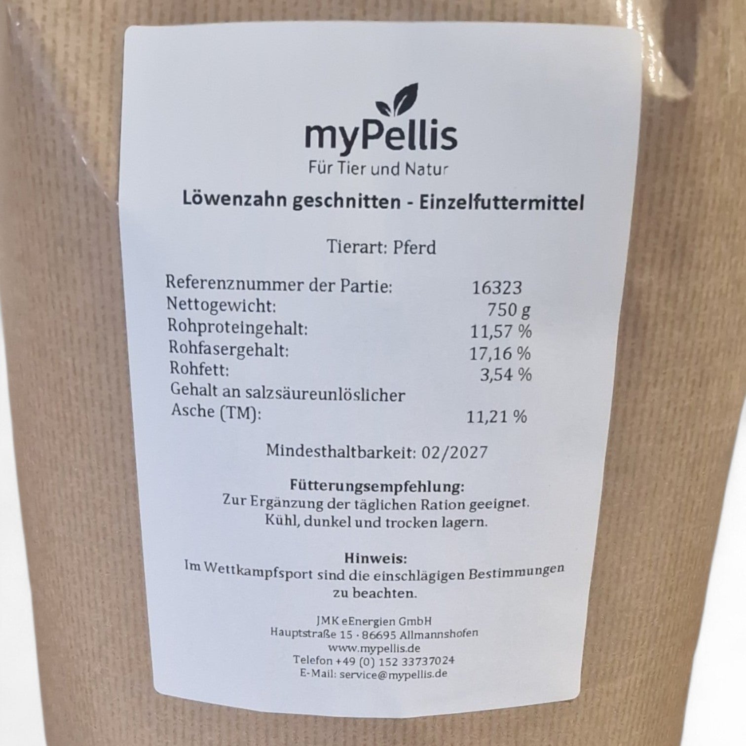 Etikett von myPellis Löwenzahn geschnitten Einzelfuttermittel für Pferde