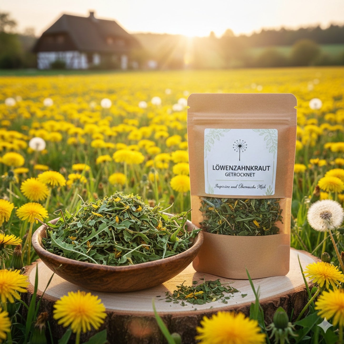 myPellis Löwenzahn geschnitten in verschiedenen Gebindegrößen vor grünem Hintergrund mit Pferd