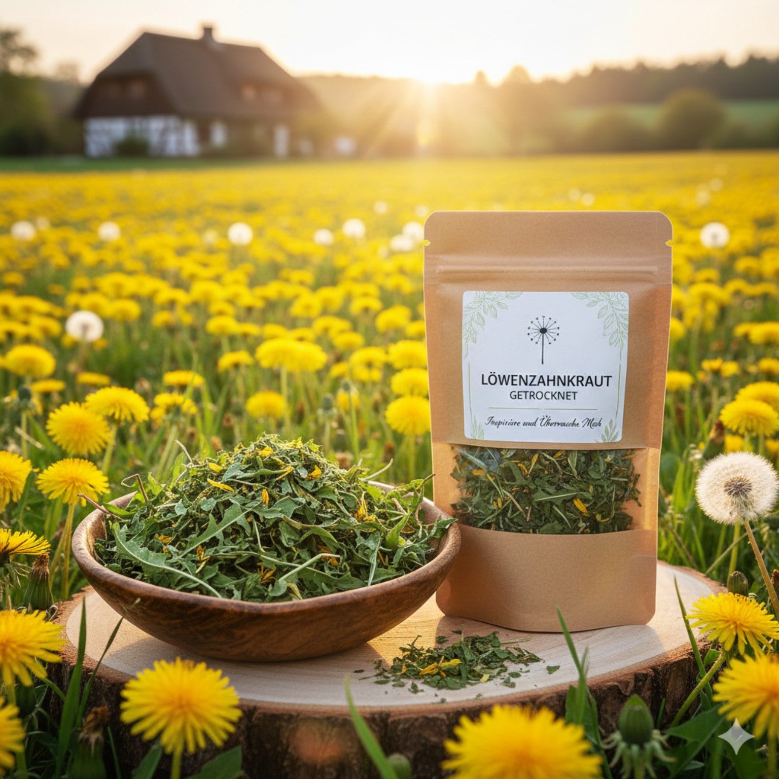 myPellis Löwenzahn geschnitten in verschiedenen Gebindegrößen vor grünem Hintergrund mit Pferd