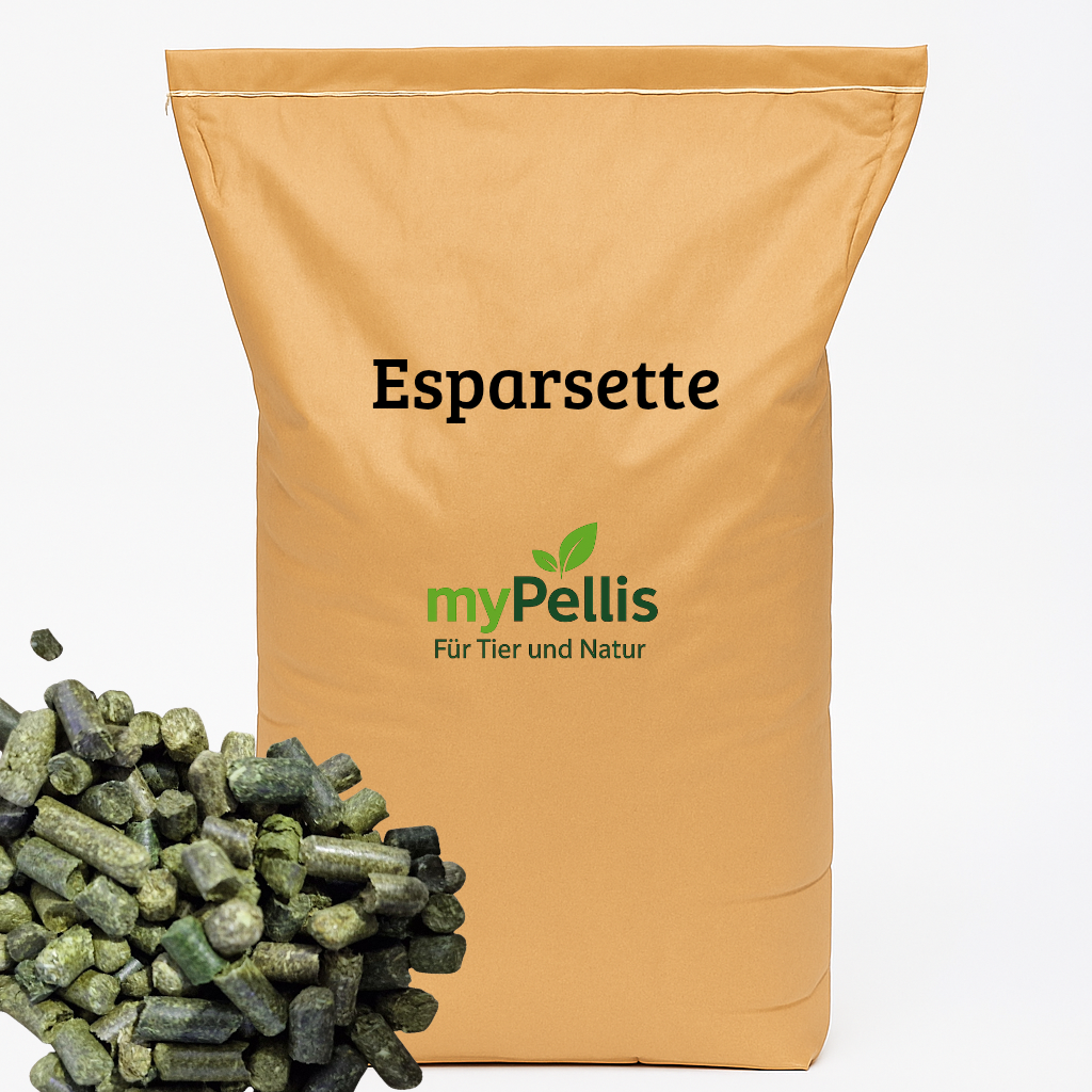 Brauner Futtersack mit der Aufschrift ‚Esparsette‘, zentral auf der Vorderseite, darunter das myPellis-Logo; seitlich am Sack ebenfalls der Schriftzug ‚Esparsette