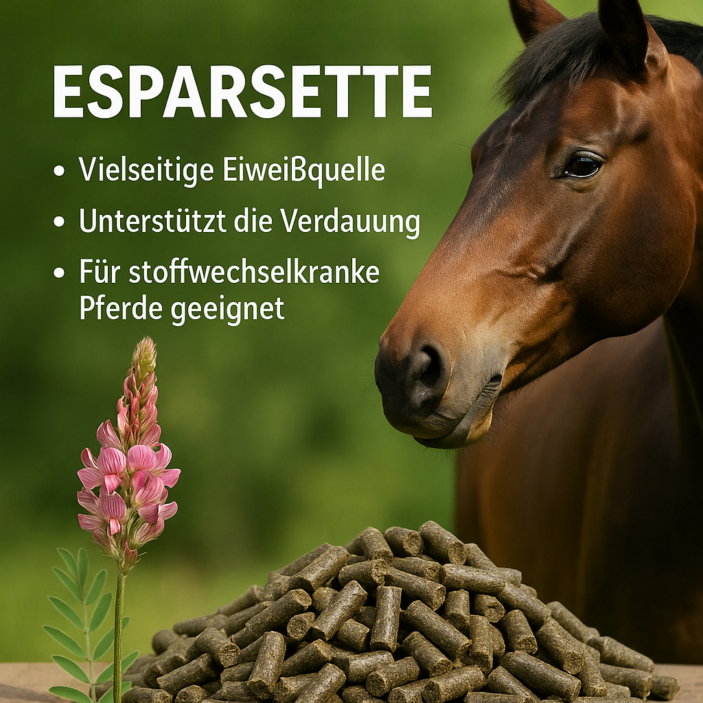 MyPellis Esparsette Pellets – Pferd mit Esparsette-Pflanze und pelletiertem Futter, natürliche Unterstützung für Verdauung und Wohlbefinden.