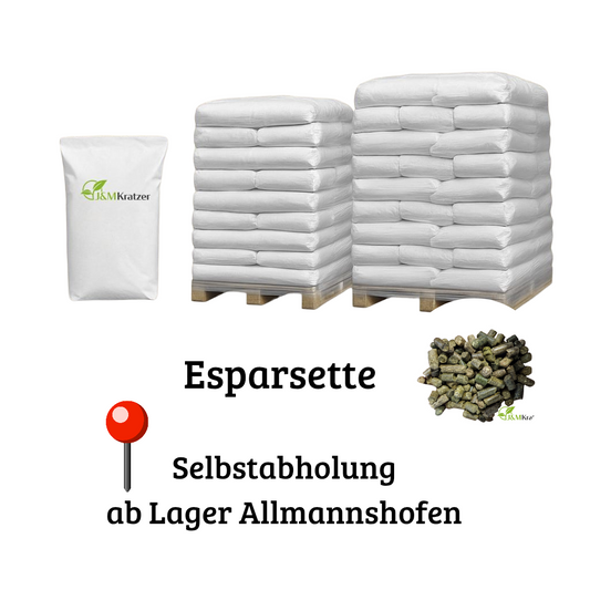 MyPellis Esparsettepellets – 20 kg Sackware auf Palette mit Produktansicht, eiweißreiches Naturfutter, Selbstabholung ab Lager Allmannshofen