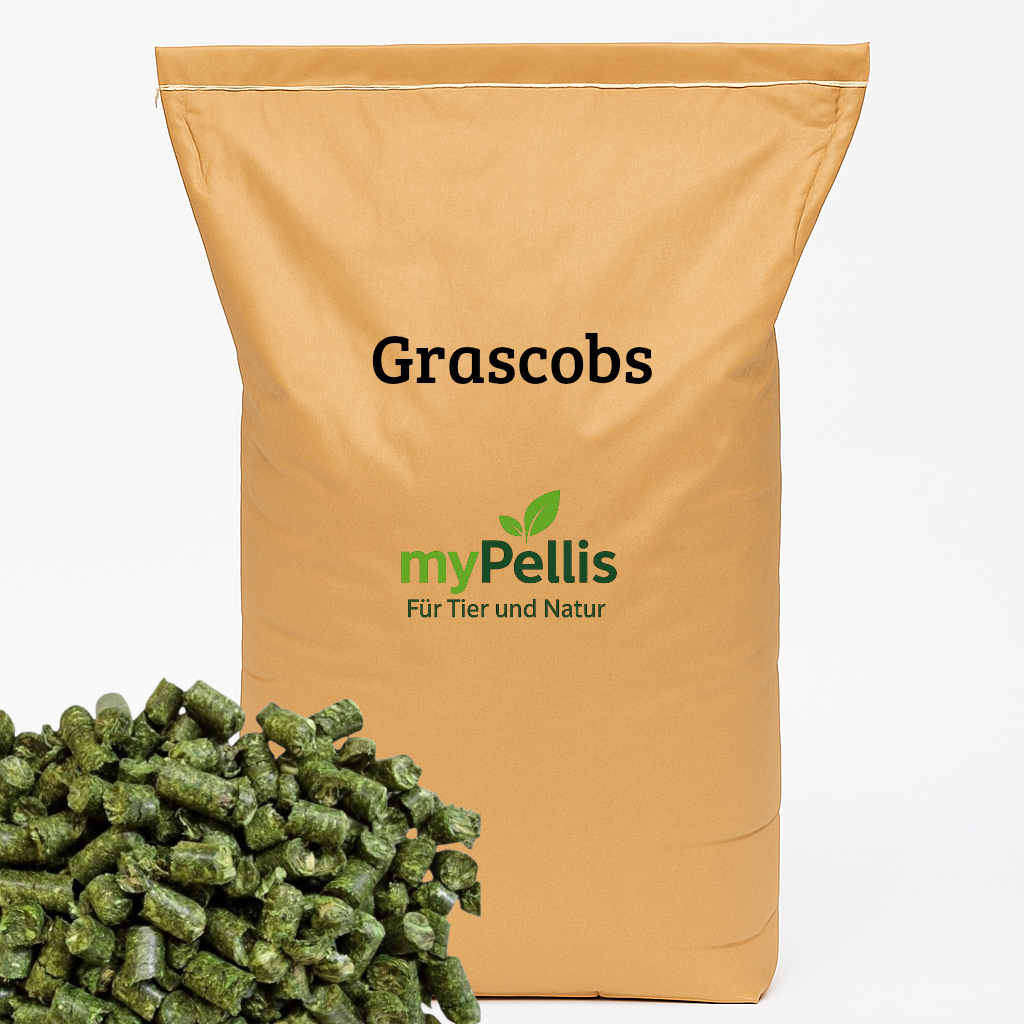 Brauner Futtersack mit der Aufschrift ‚Grascobs‘, zentral auf der Vorderseite, darunter das myPellis-Logo; seitlich am Sack ebenfalls der Schriftzug ‚Grascobs