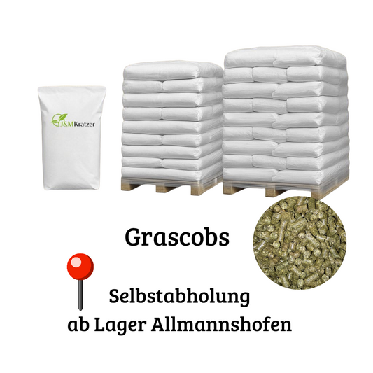 MyPellis Grascobs – naturbelassenes Raufutter in Sackware auf Palette, mit Produktansicht und Hinweis auf Selbstabholung ab Lager Allmannshofen.