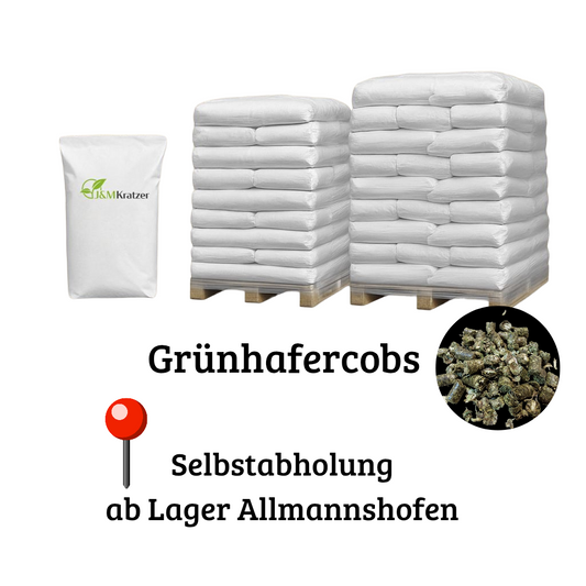 MyPellis Grünhafercobs – Sackware auf Palette mit Sichtfenster, natürliches Futter aus grünem Hafer, Selbstabholung ab Lager Allmannshofen.