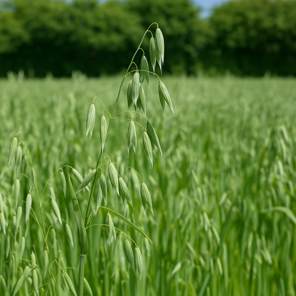 Einzelne Haferpflanze mit grünen Halmen, sichtbar im dichten Haferfeld