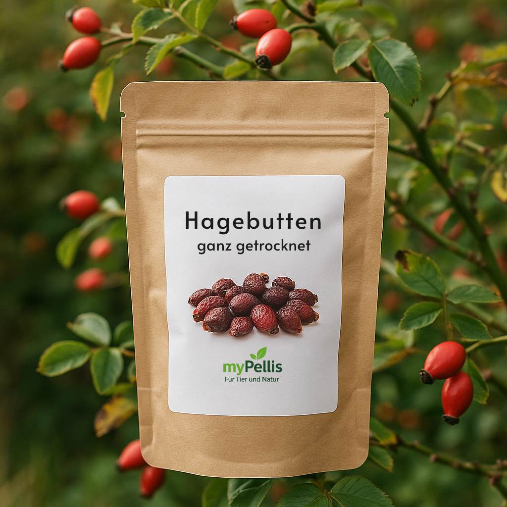 Kraftpapierbeutel mit myPellis-Logo und getrockneten Hagebutten, fotografiert vor einem Hagebuttenstrauch – natürliches Leckerli und Einzelfuttermittel für Pferde und Nager