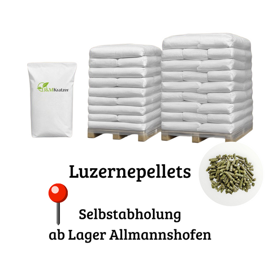 MyPellis Luzernepellets – Sackware auf Palette mit Sichtfenster, eiweißreiches Naturfutter für Pferde, Selbstabholung ab Lager Allmannshofen.