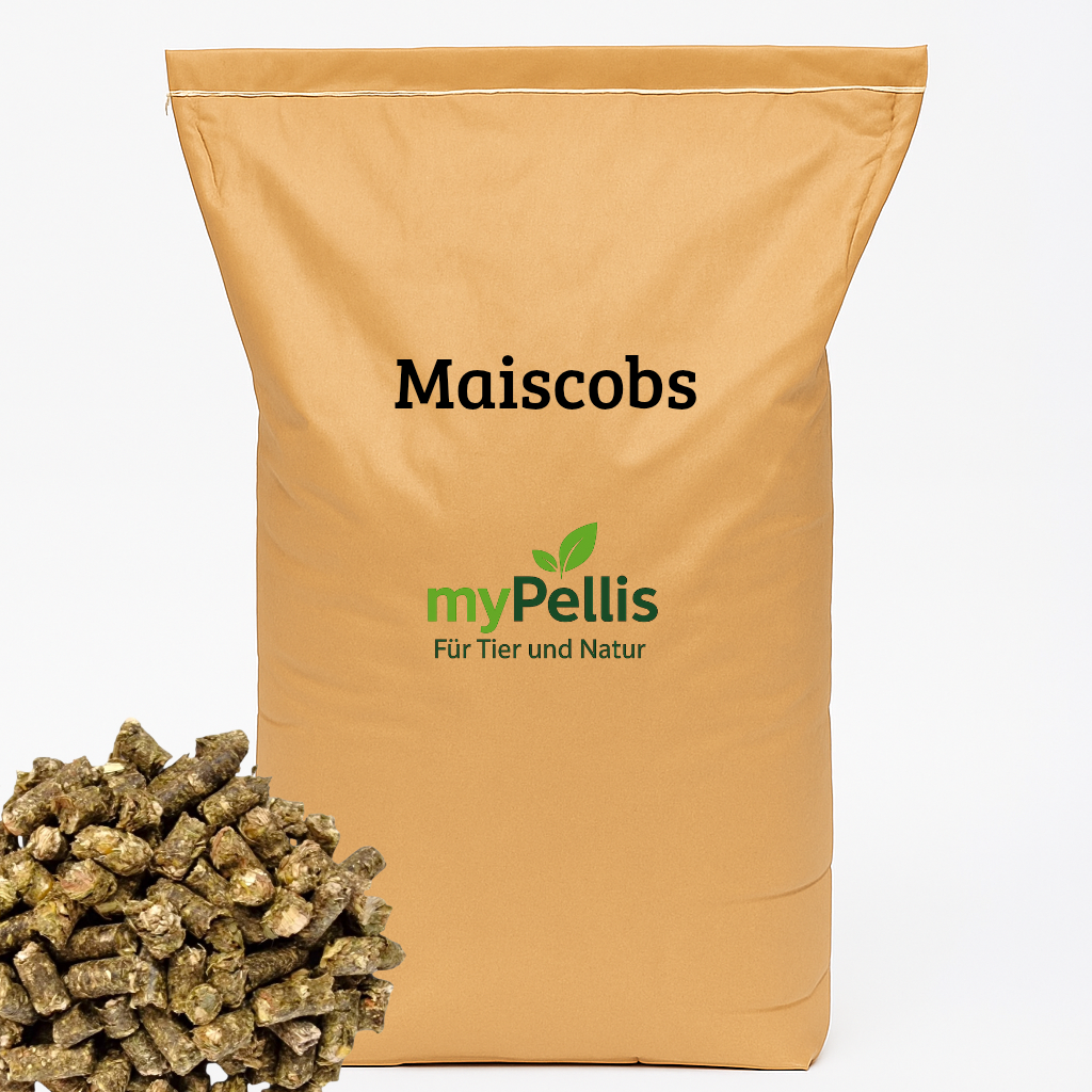 Brauner Futtersack mit der Aufschrift ‚Maiscobs‘, zentral auf der Vorderseite, darunter das myPellis-Logo; seitlich am Sack ebenfalls der Schriftzug ‚Maiscobs