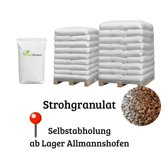 MyPellis Strohgranulat – nachhaltige Einstreu in Sackware auf Palette mit Produktansicht, aus 100 % Stroh, Selbstabholung ab Lager Allmannshofen.