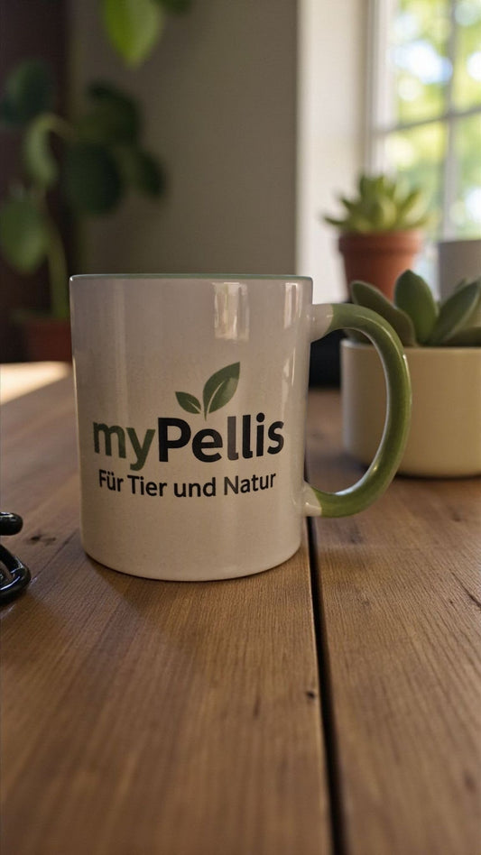 Weiße myPellis Keramiktasse mit grünem Henkel und beidseitigem Logo auf einem Holztisch, im Hintergrund Pflanzen.