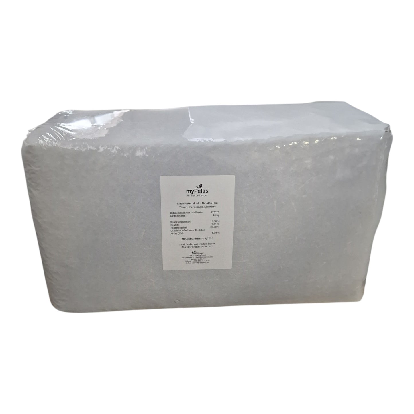 Timothy-Heu für Pferde als gepresster Ballen in weißer Folie verpackt