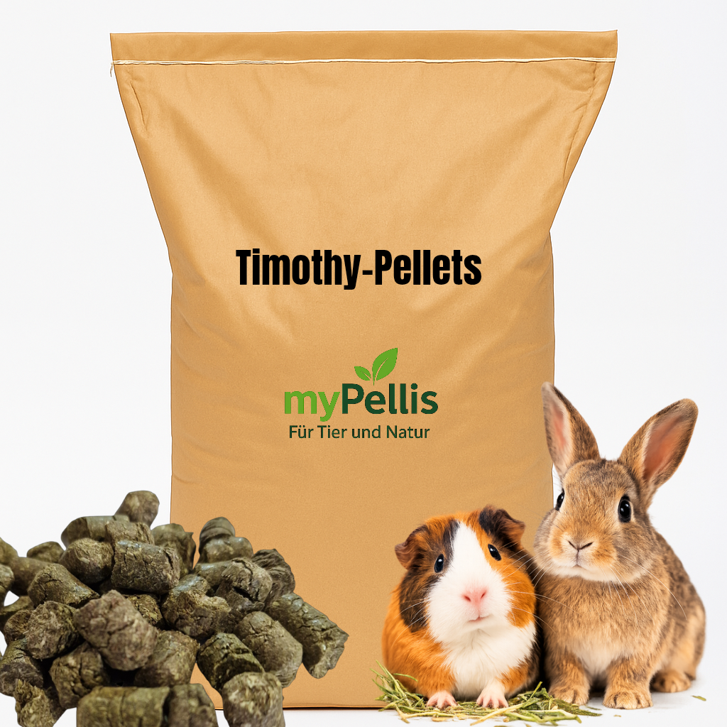 Timothy Heupellets 6 mm aus Wiesenlieschgras – Futtersack von myPellis mit Kaninchen und Meerschweinchen