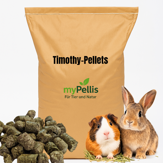Timothy Heupellets 6 mm aus Wiesenlieschgras – Futtersack von myPellis mit Kaninchen und Meerschweinchen